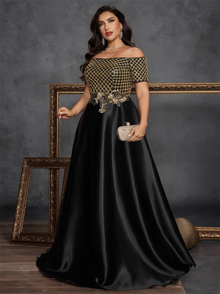 plus-size sequin embroidery patchwork satin off-shoulder short-sleeved elegant evening party dance dress1545
plus-size sequin embroidery patchwork satin off-shoulder short-sleeved elegant evening party dance dress1545