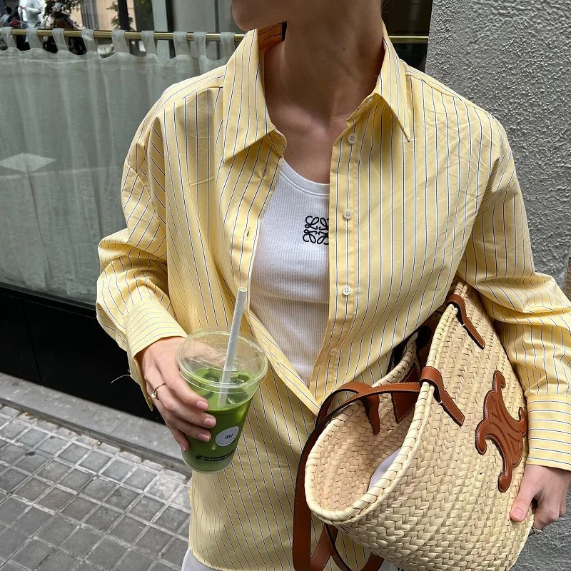 Elegant Casual Spring Summer Butter Yellow Striped Women Loose Shirts Fashion Turndown Collar Single Breasted Thin Lady Shirts
Elegant Casual Spring Summer Butter Yellow Striped Women Loose Shirts Fashion Turndown Collar Single Breasted Thin Lady Shirts
