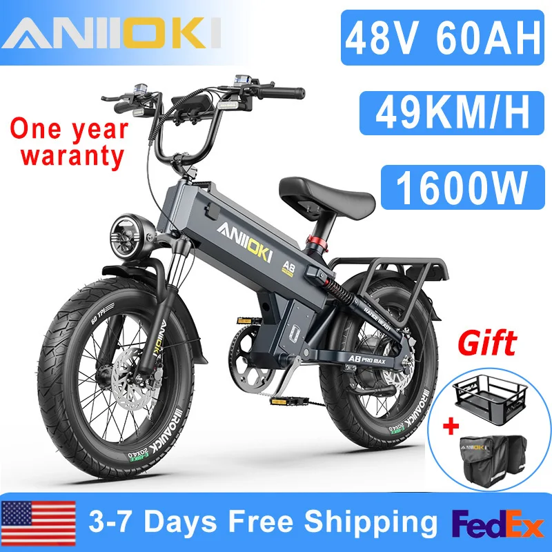 ANIIOKI Electric Bike 1600W Peak Motor 48V 60Ah 31mph Battery Electric Bicycle 20"*4" Fat Tires A8 Pro Max E-Bike for Adults
ANIIOKI Electric Bike 1600W Peak Motor 48V 60Ah 31mph Battery Electric Bicycle 20"*4" Fat Tires A8 Pro Max E-Bike for Adults