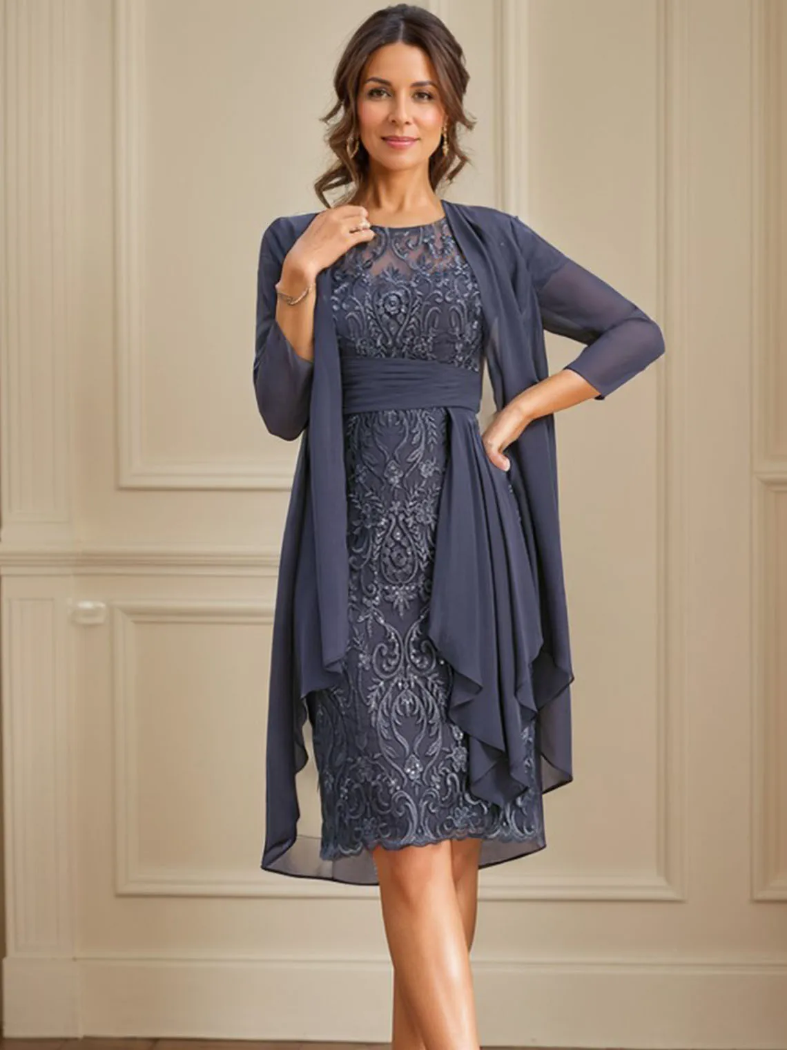 Elegant Sheath Mother of the Bride Dress Chiffon Cascading Ruffles Sheer Neck 3/4 Sleeve Knee-Length Dress 2025 Free Customized
Elegant Sheath Mother of the Bride Dress Chiffon Cascading Ruffles Sheer Neck 3/4 Sleeve Knee-Length Dress 2025 Free Customized