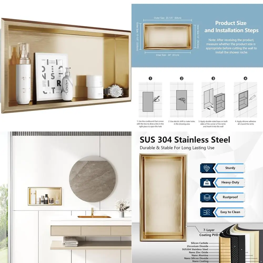 24 x 12 Champagne Gold Recessed Shower Niche, Stainless Steel Bathroom Storage Solution without Need for Tiles
24 x 12 Champagne Gold Recessed Shower Niche, Stainless Steel Bathroom Storage Solution without Need for Tiles