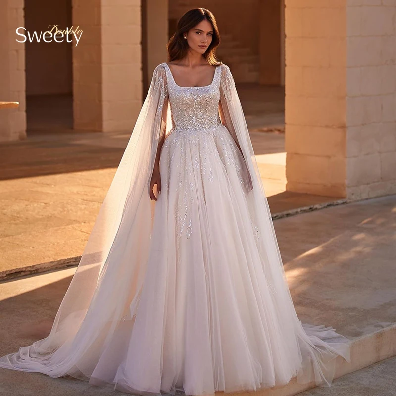 Luxurious A-Line Wedding Dress Embroidered Lace On Net With Beading Ball Gown Detachable Shawl Square Collar Vestido De Novia
Luxurious A-Line Wedding Dress Embroidered Lace On Net With Beading Ball Gown Detachable Shawl Square Collar Vestido De Novia