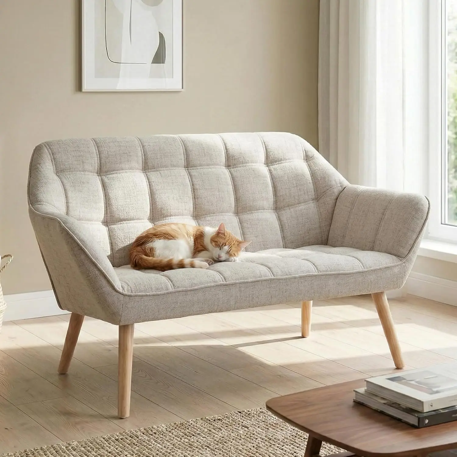 Beige Modern 2-Seater Sofa with Quilted Back and Wood Legs for Small Spaces
Beige Modern 2-Seater Sofa with Quilted Back and Wood Legs for Small Spaces