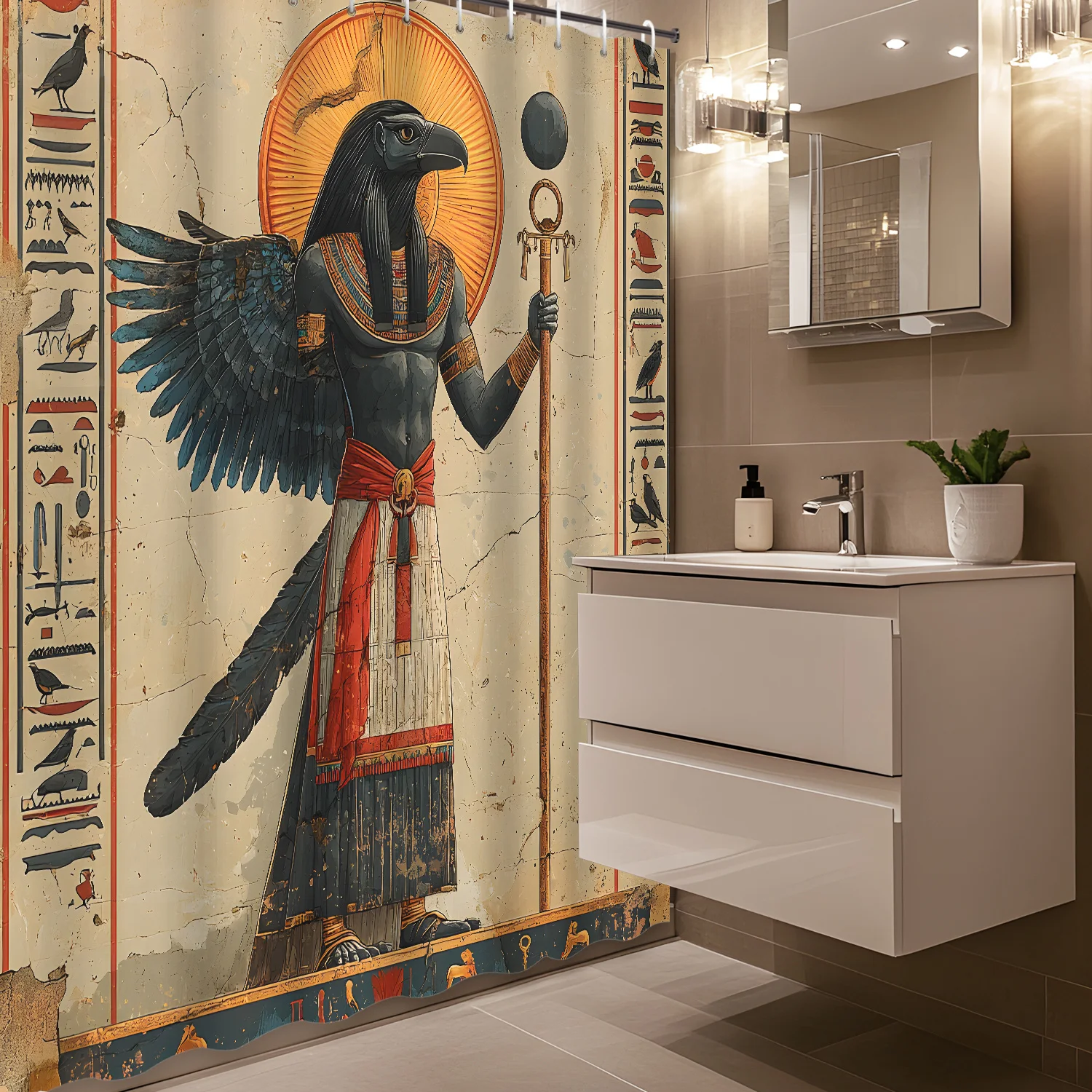 Водонепроницаемая занавеска для душа «Древний Египетский Бог» для современного декора ванной комнаты, стильная и прочная, идеально подходит для домашнего использования
Водонепроницаемая занавеска для душа «Древний Египетский Бог» для современного декора ванной комнаты, стильная и прочная, идеально подходит для домашнего использования