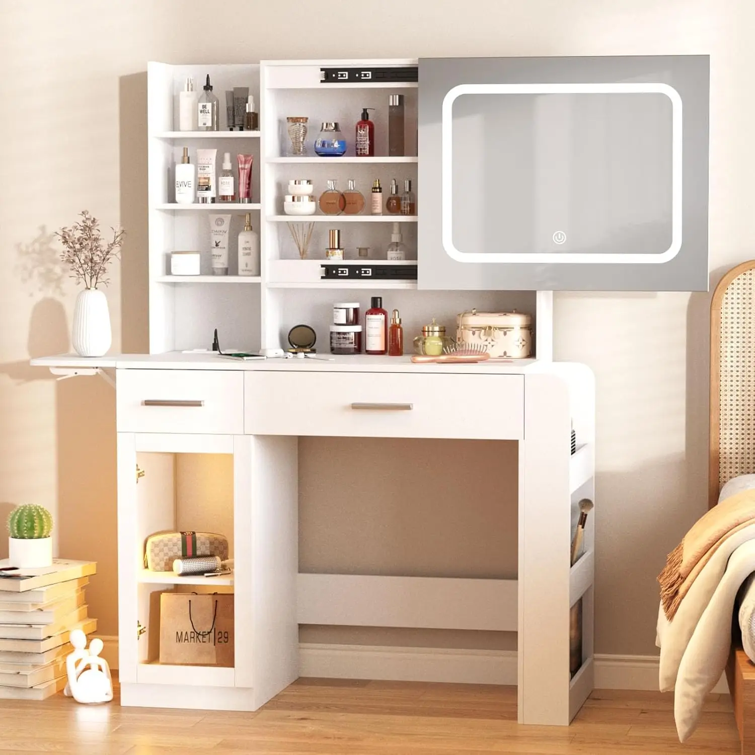 Туалетный столик с зеркалом и подсветкой, косметический столик с зарядной станцией, туалетный столик с ящиками, полками и большим пространством для хранения
Туалетный столик с зеркалом и подсветкой, косметический столик с зарядной станцией, туалетный столик с ящиками, полками и большим пространством для хранения