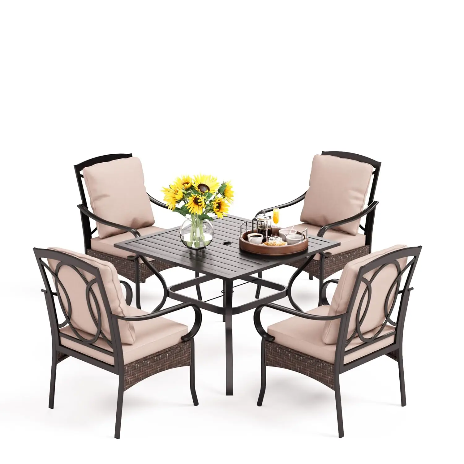5pc All-Weather Outdoor Dining Set Square Metal Table & Extra Wide Wicker Chairs Thick Cushions Deck Garden, Customized
5pc All-Weather Outdoor Dining Set Square Metal Table & Extra Wide Wicker Chairs Thick Cushions Deck Garden, Customized