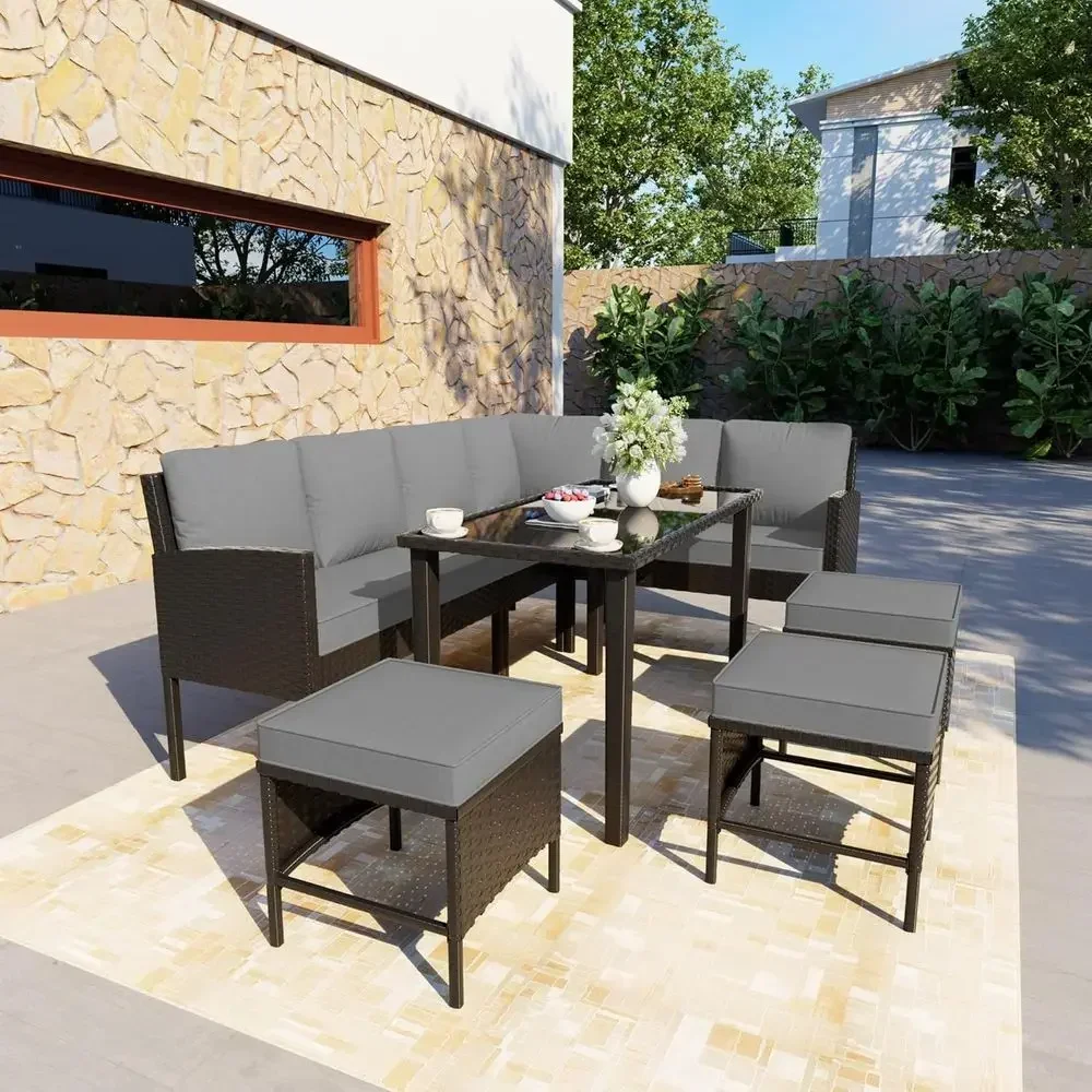 7-Piece Patio urniture Set, Outdoor Contion Set with Dining Table & Ottomans, PE Rattan Soa Set with Throw Pillows and Cushions
7-Piece Patio urniture Set, Outdoor Contion Set with Dining Table & Ottomans, PE Rattan Soa Set with Throw Pillows and Cushions