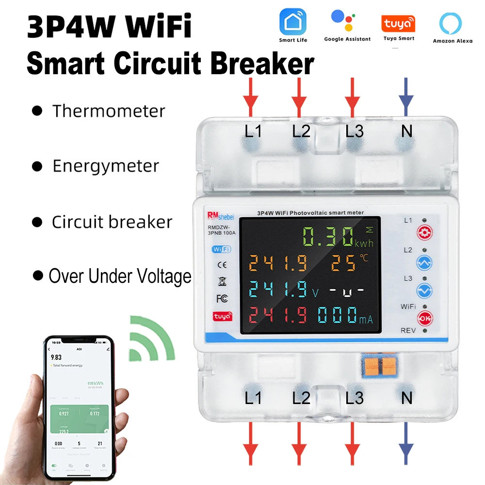 WiFi Smart Circuit Breaker Three Phase Automatic Reclosure Protector3P4W Remote Control Over Under Voltage Protector Power Meter
WiFi Smart Circuit Breaker Three Phase Automatic Reclosure Protector3P4W Remote Control Over Under Voltage Protector Power Meter