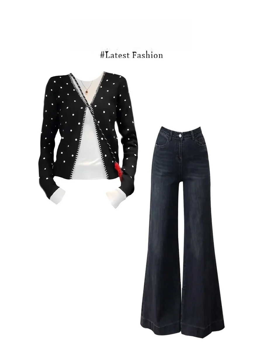 Retro Polka Dot Open Cardigan Jacket T Shirt 2025 New Wide Leg Denim Pants Great Early Autumn Set Women Fashion Outfit
Retro Polka Dot Open Cardigan Jacket T Shirt 2025 New Wide Leg Denim Pants Great Early Autumn Set Women Fashion Outfit