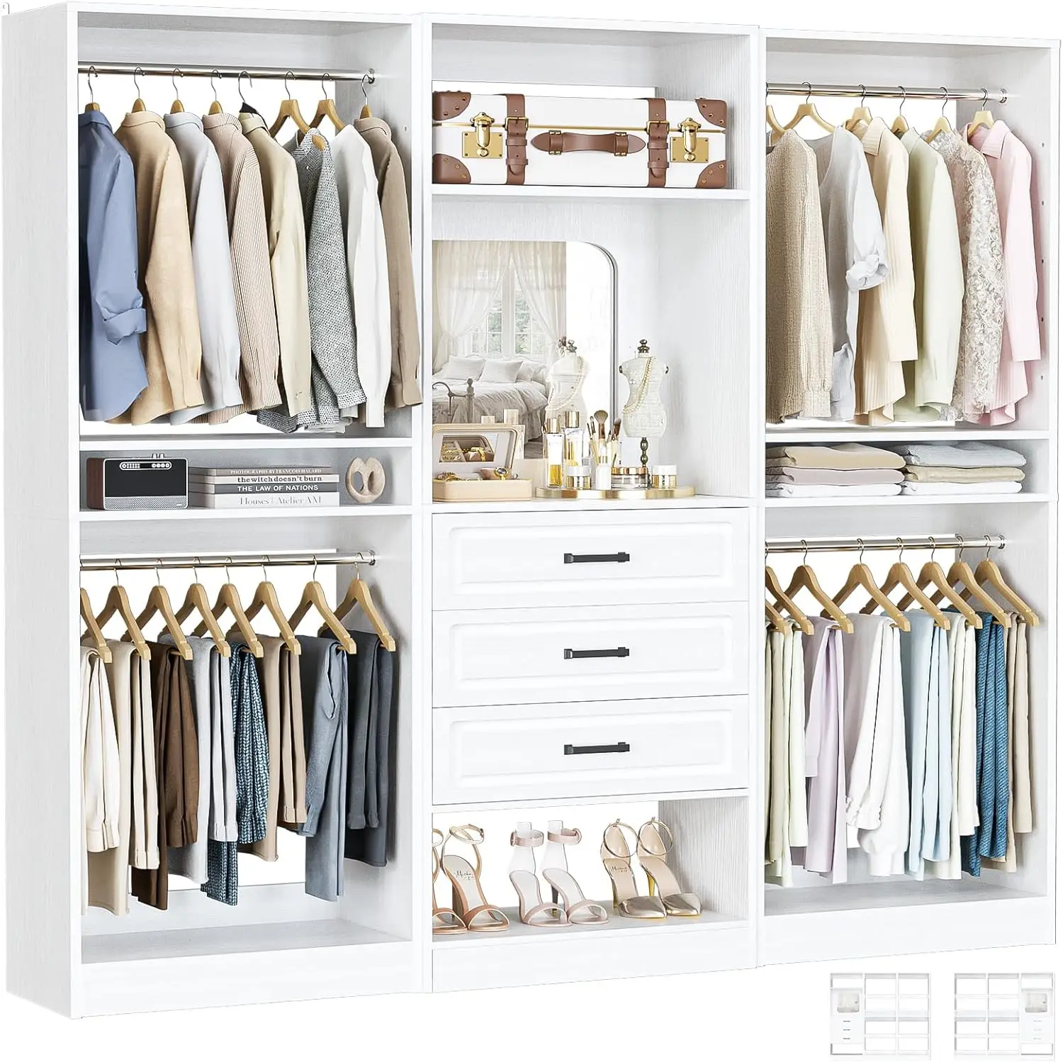 75" Modular Closet Organizer System with Mirror & Drawers, 3-in-1 Freestanding Wardrobe Tower with Adjustable Shelves & Hanging
75" Modular Closet Organizer System with Mirror & Drawers, 3-in-1 Freestanding Wardrobe Tower with Adjustable Shelves & Hanging