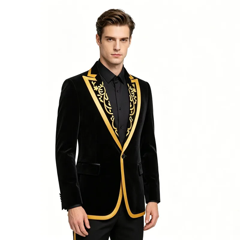 Men's Velvet Golden Embroidery Suit Jackets Fashion Slim Fit Groom Wedding Prom Tuxedo Singer Host Evening Party Formal Blazers
Men's Velvet Golden Embroidery Suit Jackets Fashion Slim Fit Groom Wedding Prom Tuxedo Singer Host Evening Party Formal Blazers