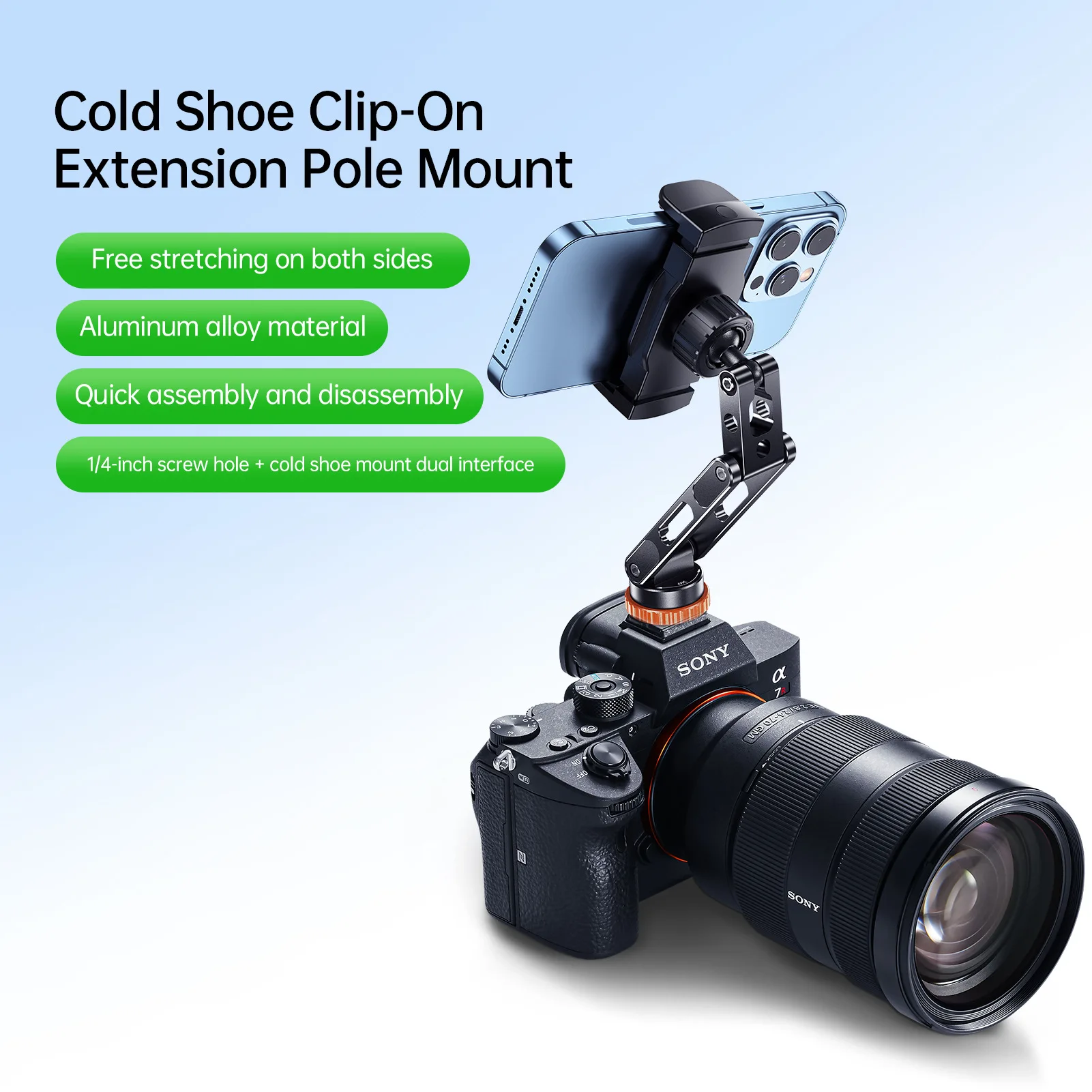 Aluminum Alloy Cold Shoe Phone Mount with Extension Arm, 1/4" Screw Clip Holder for Camera Vlog Live Stream Smartphone Rig
Aluminum Alloy Cold Shoe Phone Mount with Extension Arm, 1/4" Screw Clip Holder for Camera Vlog Live Stream Smartphone Rig