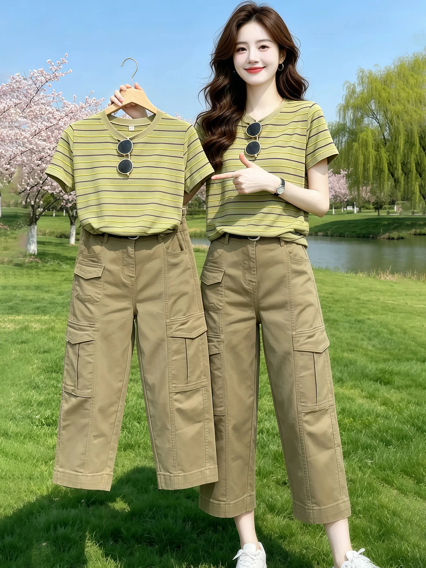 Fashionable Striped Short Sleeve T-Shirt Women's Summer Casual Color Block Anti-Aging Top And Straight Leg Pants Set
Fashionable Striped Short Sleeve T-Shirt Women's Summer Casual Color Block Anti-Aging Top And Straight Leg Pants Set