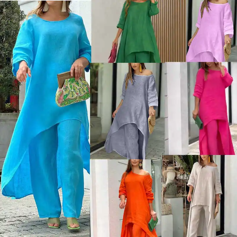 New Summer Autumn Loose Cotton Linen Casual Long Sleeve Asymmetrical Wide Leg Pants Two Piece Set Women's Fashion Ensemble
New Summer Autumn Loose Cotton Linen Casual Long Sleeve Asymmetrical Wide Leg Pants Two Piece Set Women's Fashion Ensemble