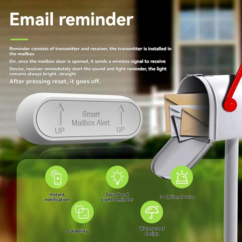 AA08I Mailbox Alarm Mail Chime Notification System-Mail Alarm 800 Ft Long Range Wireless Mailbox Alert with LED Light Flashing
AA08I Mailbox Alarm Mail Chime Notification System-Mail Alarm 800 Ft Long Range Wireless Mailbox Alert with LED Light Flashing