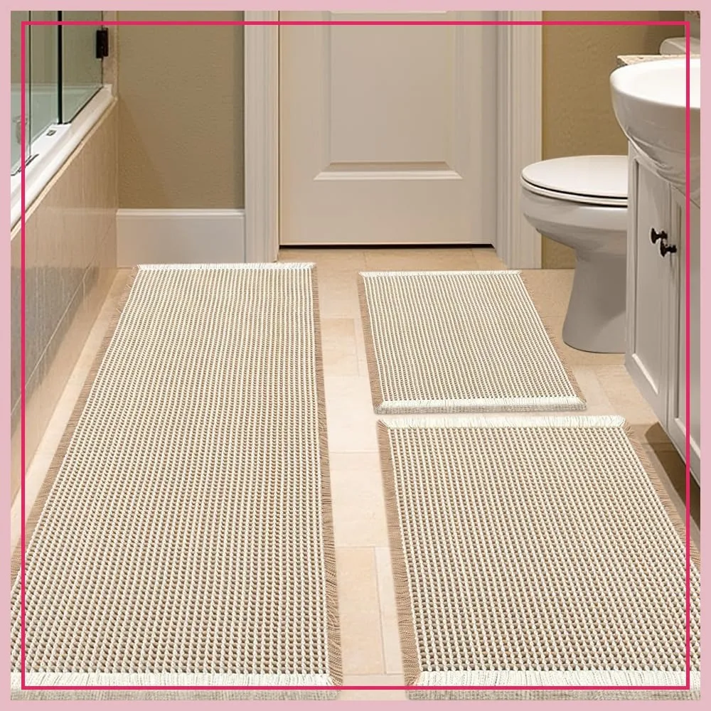 Waffle Bath Mat Set 3 Piece Brown & Cream, Woven Modern Bath Rug Mats, Absorbent Non Slip Bath Floor Mat, Soft Washable Boho Bath Rugs with Tassels
Waffle Bath Mat Set 3 Piece Brown & Cream, Woven Modern Bath Rug Mats, Absorbent Non Slip Bath Floor Mat, Soft Washable Boho Bath Rugs with Tassels