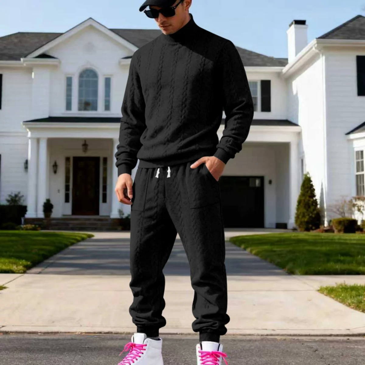 Men's High-Neck Textured Jacquard Sportswear Fashionable Simple Design for Autumn Winter Seasonal Wear
Men's High-Neck Textured Jacquard Sportswear Fashionable Simple Design for Autumn Winter Seasonal Wear