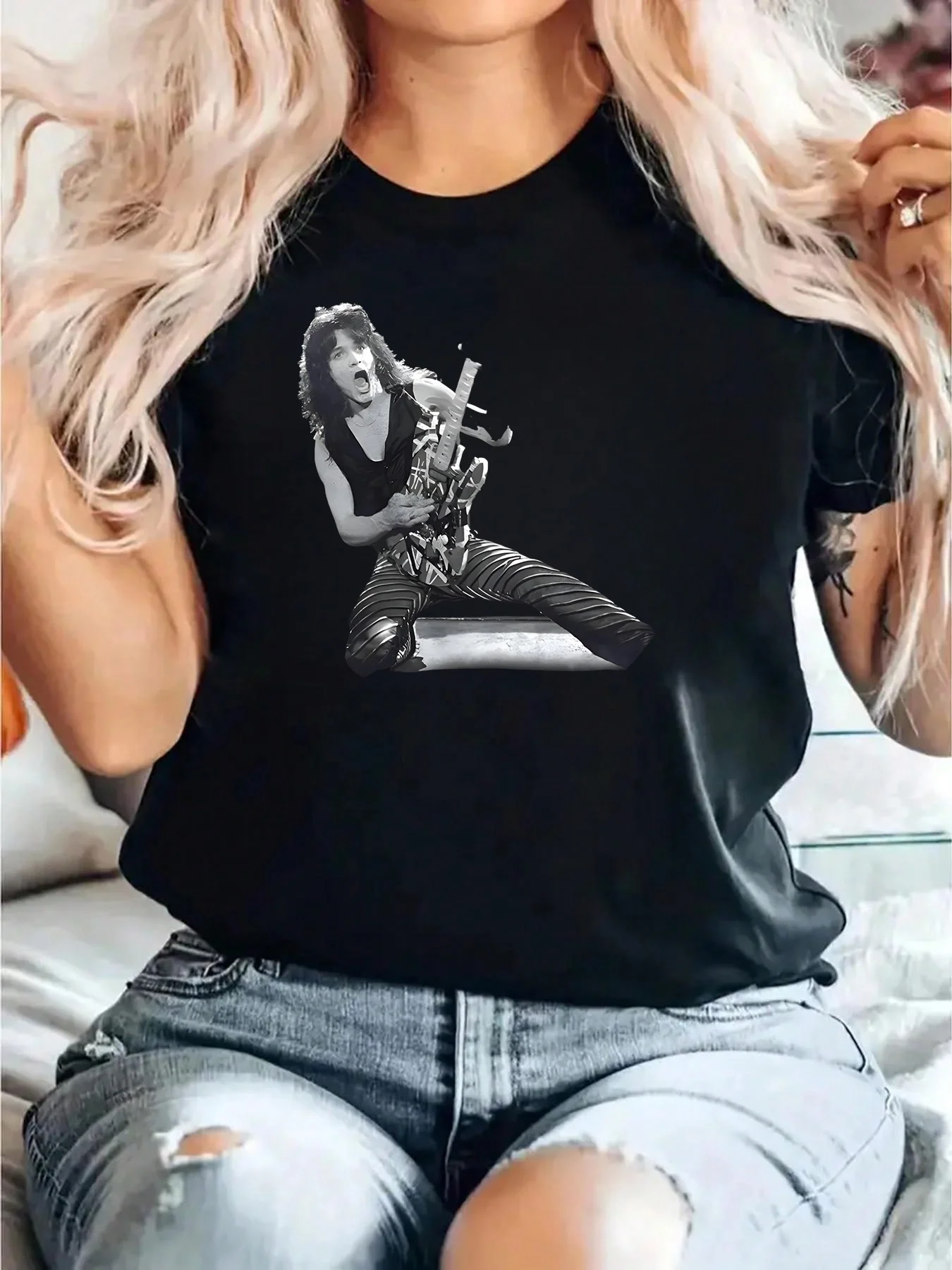 Band Logo And Eddie Playing Guitar Graphic Women's T-Shirt Summer Casual Wear For Music Lovers And Rock Fans
Band Logo And Eddie Playing Guitar Graphic Women's T-Shirt Summer Casual Wear For Music Lovers And Rock Fans