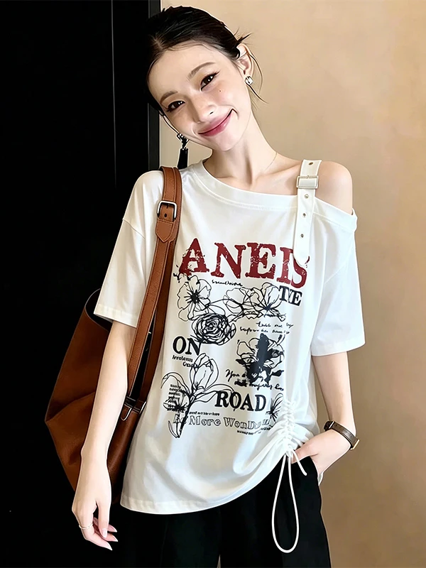 plus Size T-Shirt Women's Summer New Waist Cinching Shoulder Bared Side Collar Printed Short Sleeve Korean Style Casual Top
plus Size T-Shirt Women's Summer New Waist Cinching Shoulder Bared Side Collar Printed Short Sleeve Korean Style Casual Top