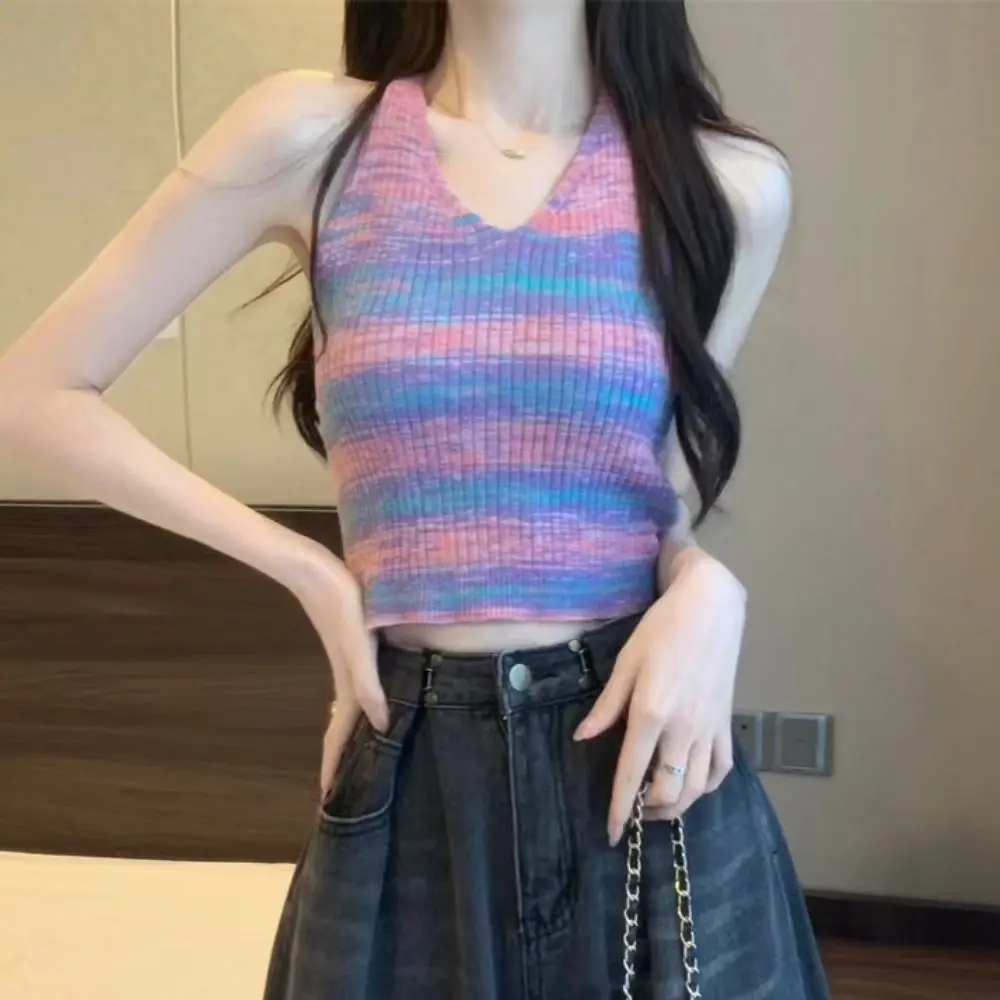 Breathable Backless Striped Bra Vest V-neck Sleeveless Knitted Lace-up Tanks Colorful Ins Halter Camisole Beach
Breathable Backless Striped Bra Vest V-neck Sleeveless Knitted Lace-up Tanks Colorful Ins Halter Camisole Beach