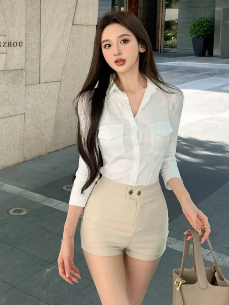 Pure Desire Spicy Long Sve irt Women's Thin Collar Top Slimming Tie Design Autumn Faion Ladies' Straight Cut irt 
Pure Desire Spicy Long Sve irt Women's Thin Collar Top Slimming Tie Design Autumn Faion Ladies' Straight Cut irt
