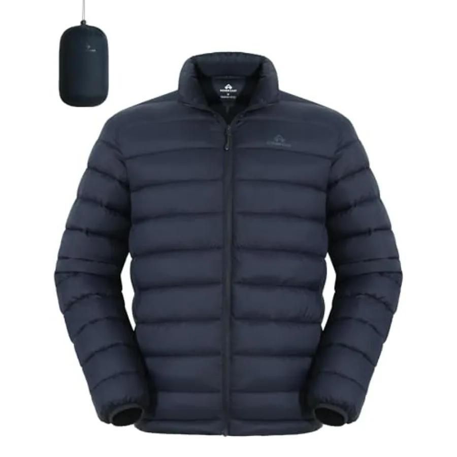 Travel puffer jacket for men, lightweight packable nylon in black, water-repellent and warm quilted insulation for winter use
Travel puffer jacket for men, lightweight packable nylon in black, water-repellent and warm quilted insulation for winter use