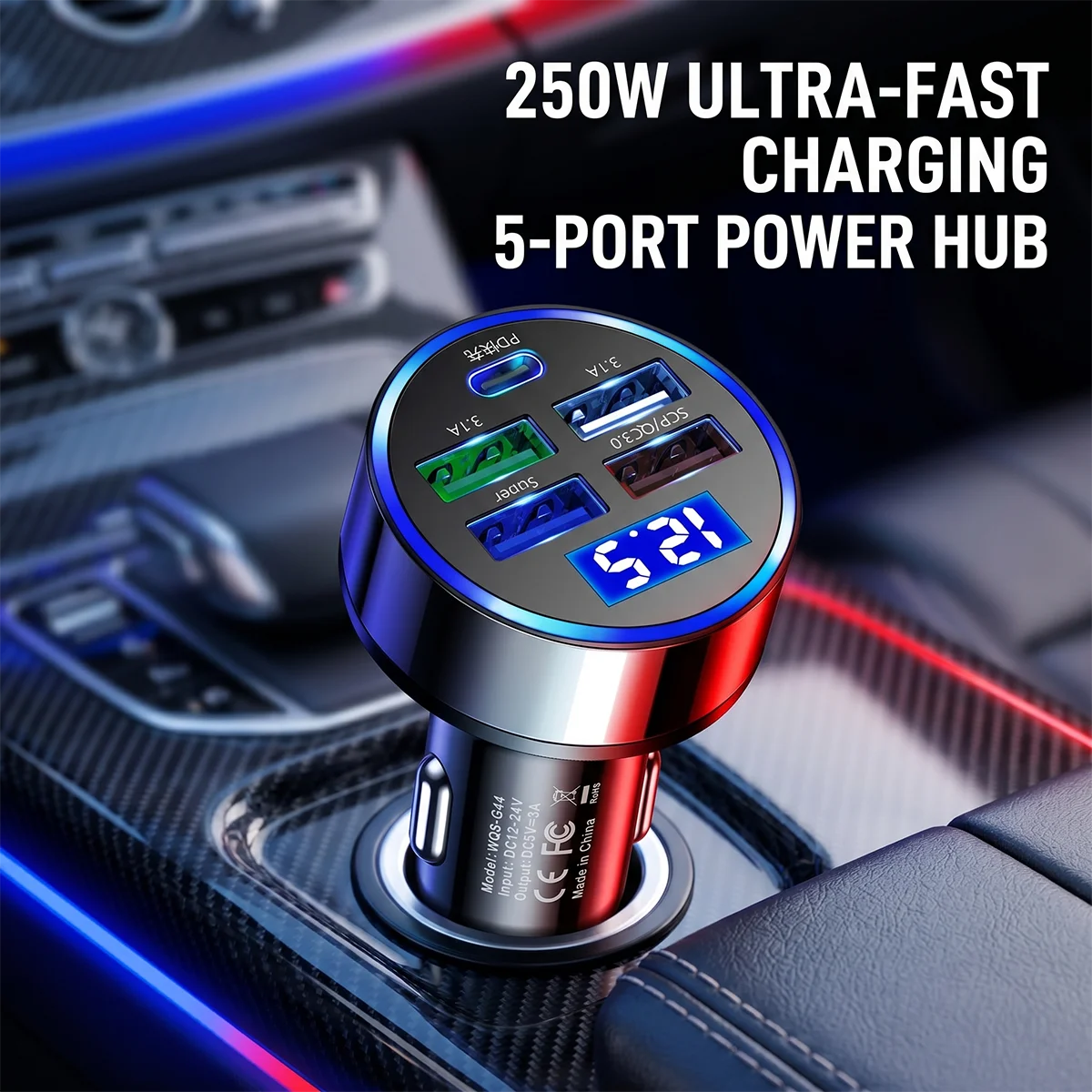 5in1 Car Charger Adapter with LED Voltage Display, Fast Charging Multi-Port Power Hub, PD Type-C & 4 USB Auto Accessories
5in1 Car Charger Adapter with LED Voltage Display, Fast Charging Multi-Port Power Hub, PD Type-C & 4 USB Auto Accessories