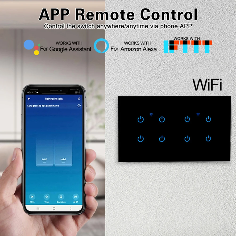 Умный сенсорный выключатель света Wi-Fi, двусторонняя работа и голосовое управление, совместимость с Tuya и приложениями для удобства
Умный сенсорный выключатель света Wi-Fi, двусторонняя работа и голосовое управление, совместимость с Tuya и приложениями для удобства