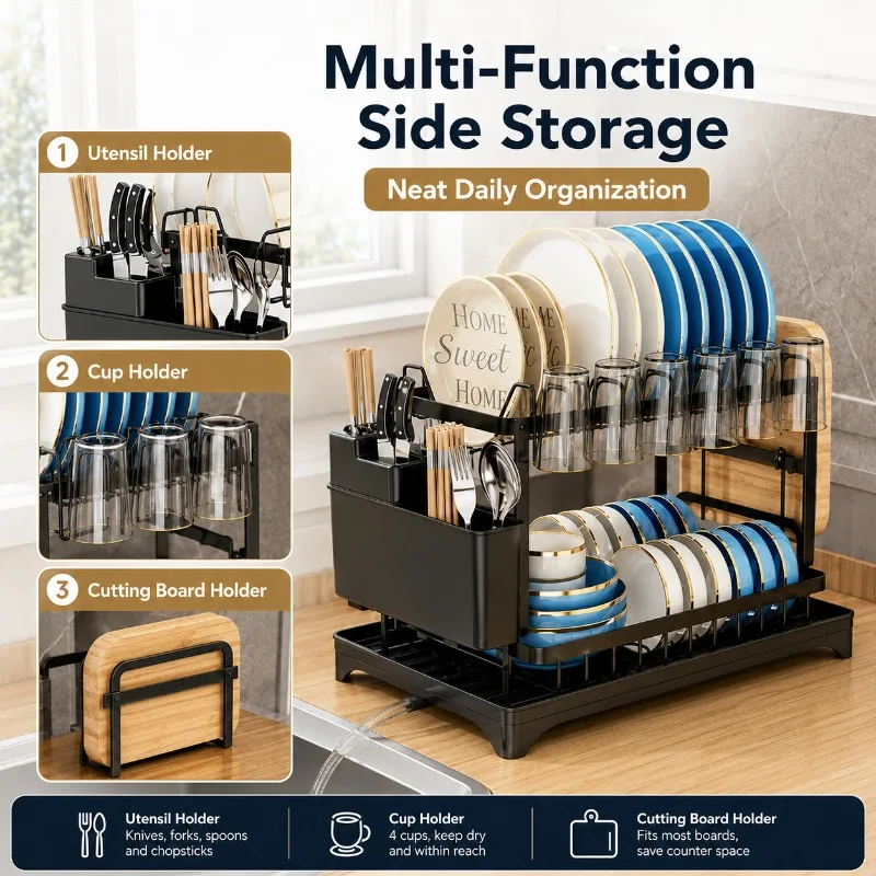 Heavy-Duty Carbon Steel 2-Tier Storage Rack, Large Space Dish Organizer with Drainage Pipe, Cutting Board & Utensil Compartment
Heavy-Duty Carbon Steel 2-Tier Storage Rack, Large Space Dish Organizer with Drainage Pipe, Cutting Board & Utensil Compartment