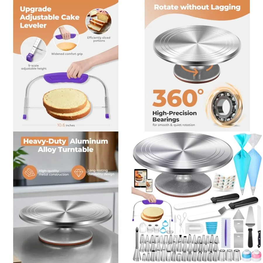 Pcs Cake Decorating Kit, 12 Aluminum Alloy Cake Turntable, 48 Numbered Icing Tips, 3 Russian Piping Nozzles, Offset and Straigh
Pcs Cake Decorating Kit, 12 Aluminum Alloy Cake Turntable, 48 Numbered Icing Tips, 3 Russian Piping Nozzles, Offset and Straigh