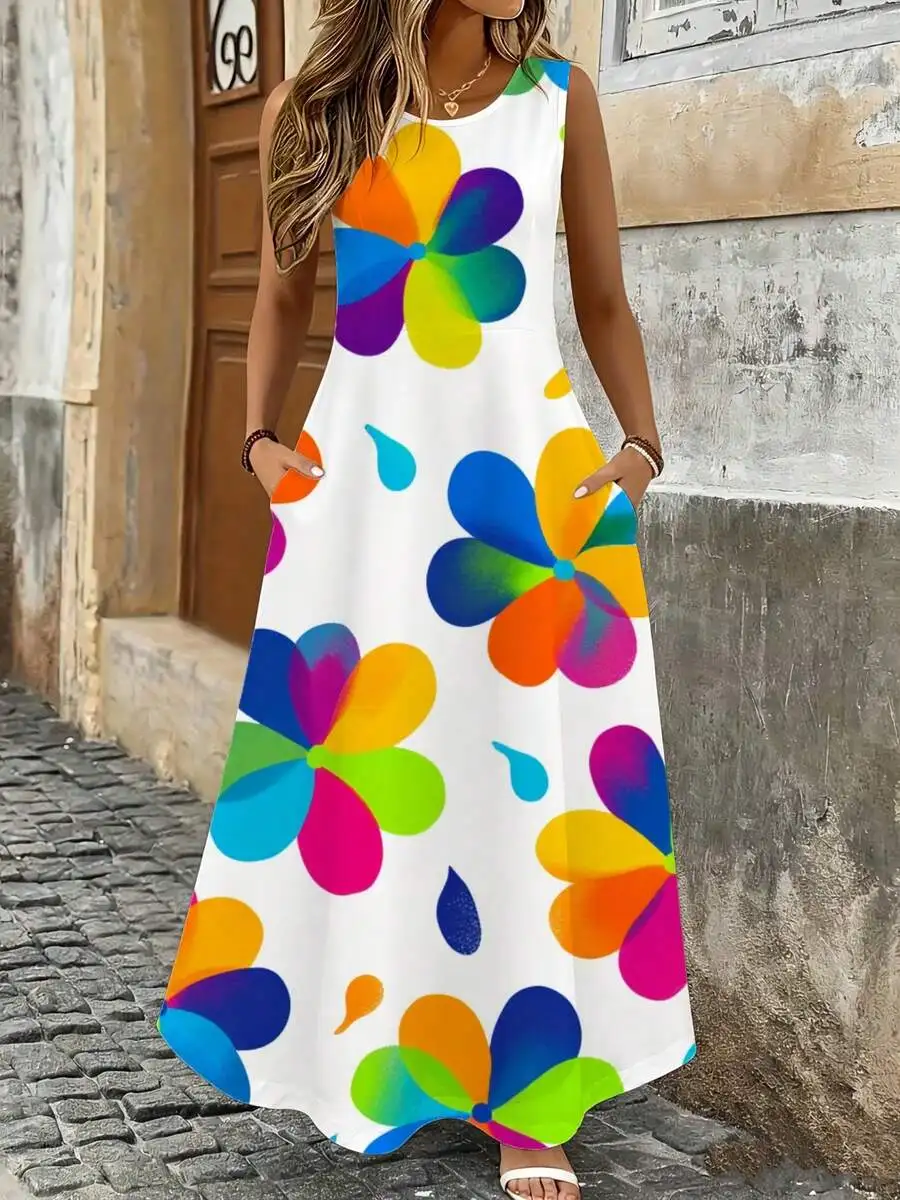 Sleeveless Maxi Dress White Colorful Floral Print Summer Beach Vacation Dress
Sleeveless Maxi Dress White Colorful Floral Print Summer Beach Vacation Dress