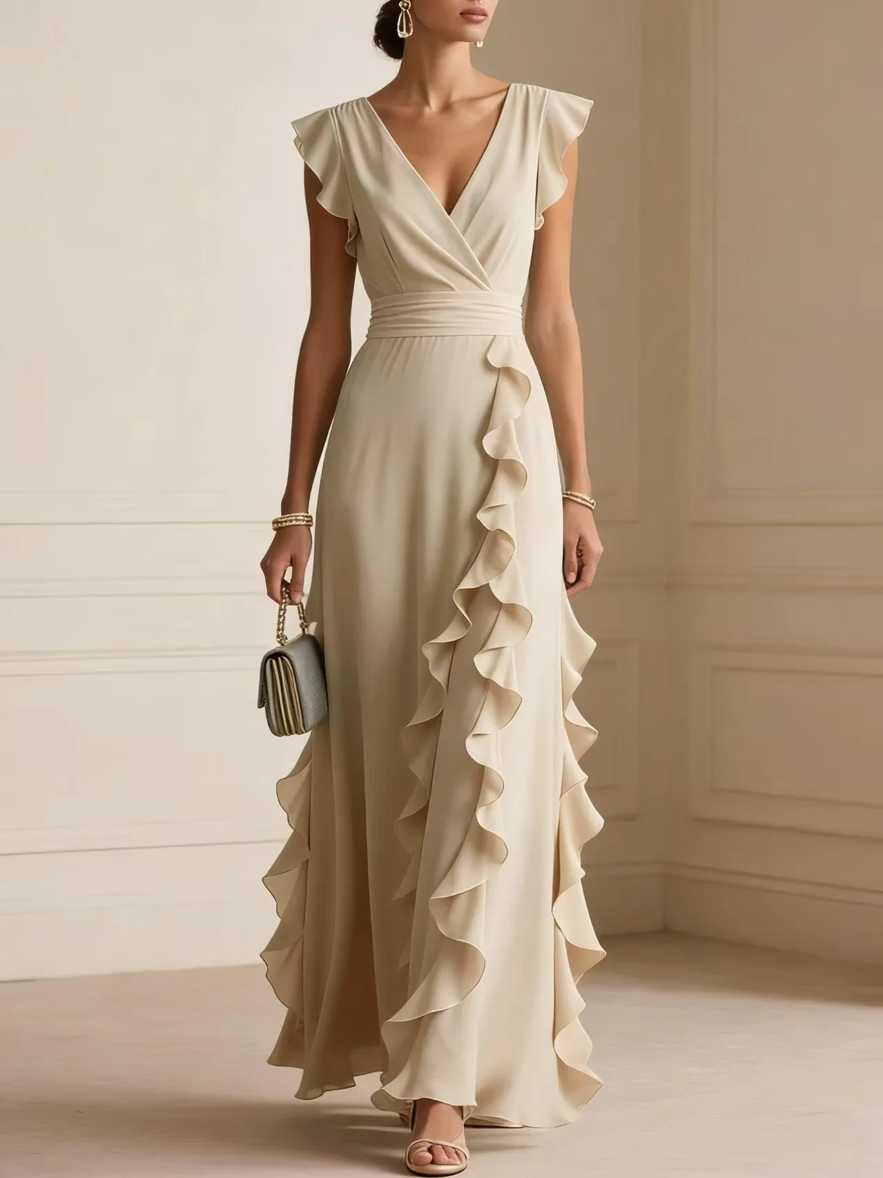 Women V Neck Ruffle Maxi Dress Sleeveless Chiffon Long Dress Wedding Guest Evening Party Formal Dress
Women V Neck Ruffle Maxi Dress Sleeveless Chiffon Long Dress Wedding Guest Evening Party Formal Dress