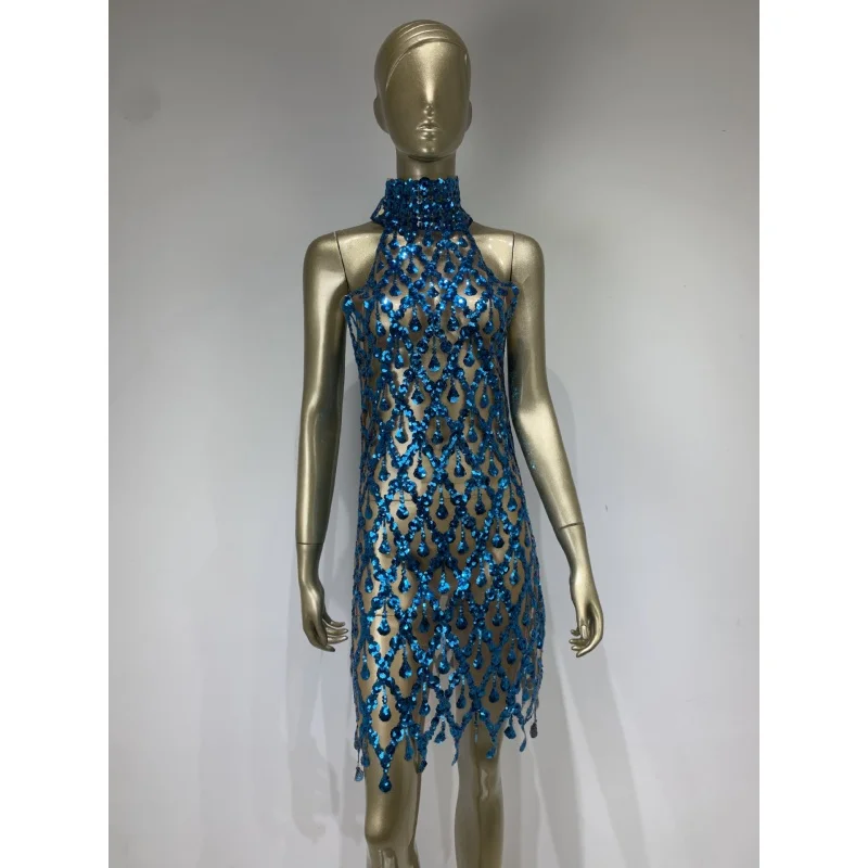 Spot Sexy Blue Sequined Transparent Dress European and American See through Dress Banquet Party Dress
Spot Sexy Blue Sequined Transparent Dress European and American See through Dress Banquet Party Dress