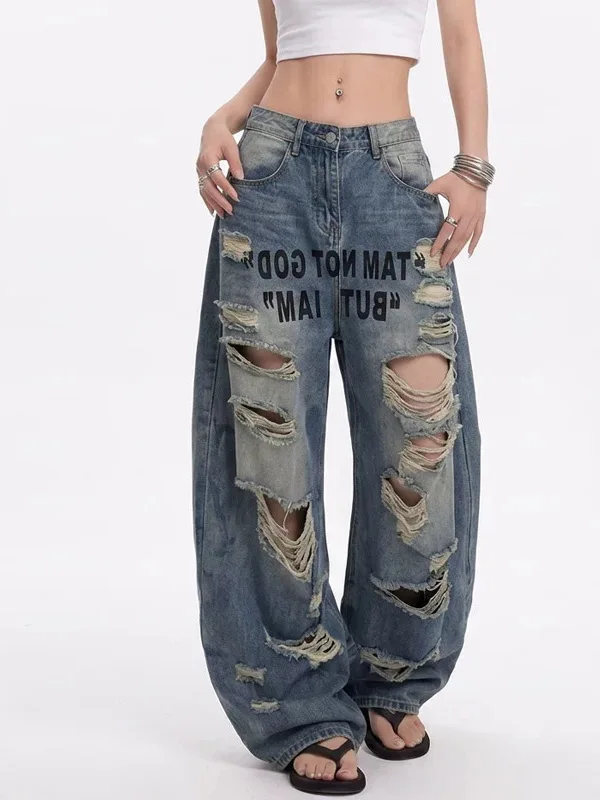 American Retro High Waist Printed Hole Denim Jeans Women's Wide Leg Floor-Length Pants Summer New Style Casual Loose Fit
American Retro High Waist Printed Hole Denim Jeans Women's Wide Leg Floor-Length Pants Summer New Style Casual Loose Fit