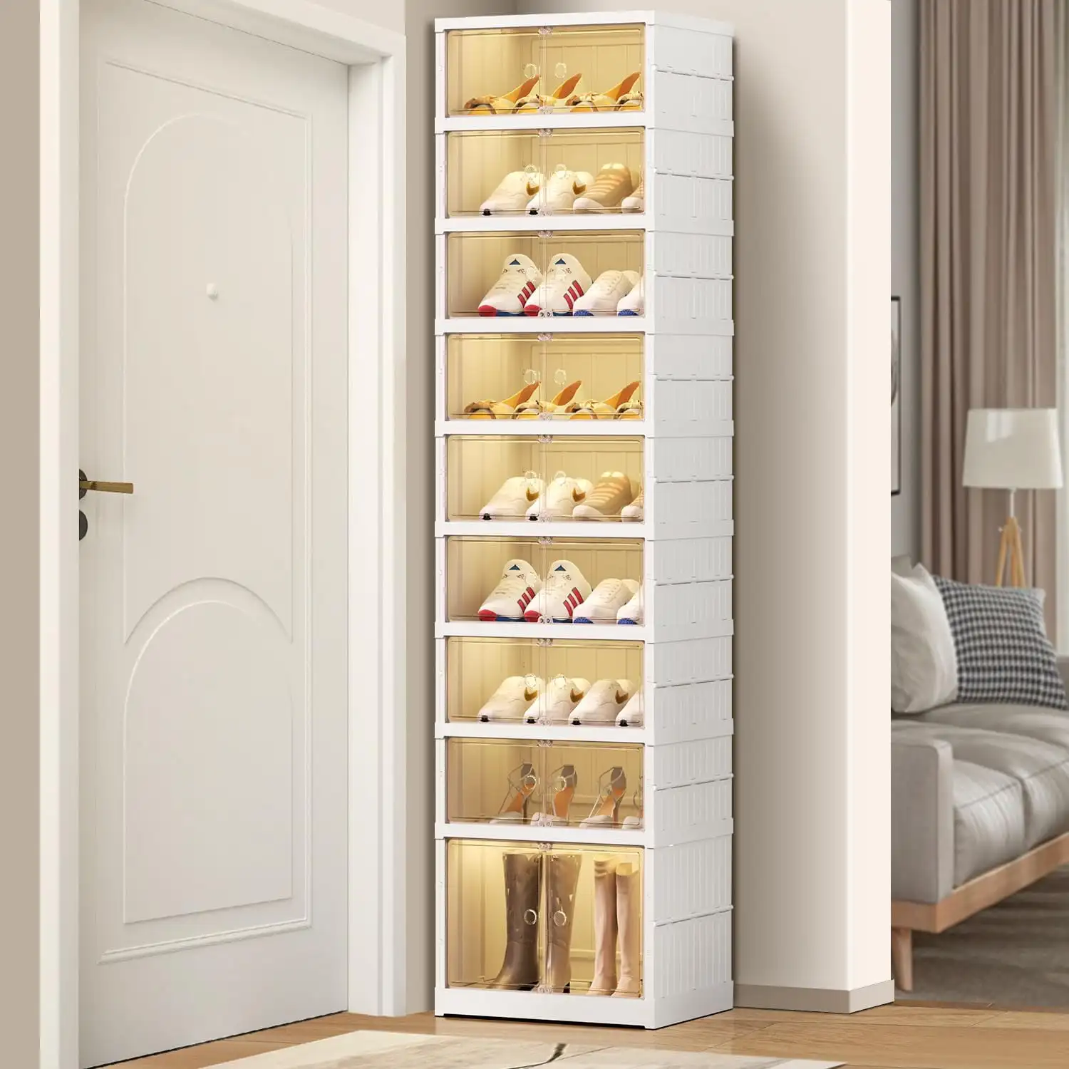 9Tiers 18Pairs Foldable Shoe Rack for Closet,Narrow Shoe Cabinet with Gold Magnetic Doors for Entryway
9Tiers 18Pairs Foldable Shoe Rack for Closet,Narrow Shoe Cabinet with Gold Magnetic Doors for Entryway
