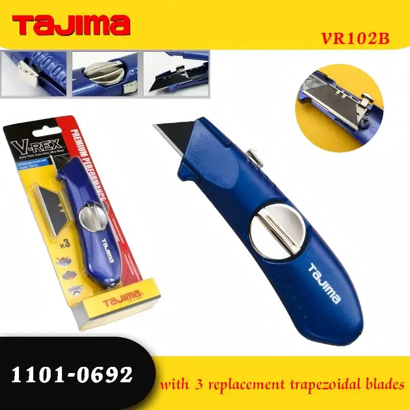 TAJIMA 1101-0692 Самоблокирующийся алюминиевый универсальный нож с 3 трапециевидными лезвиями Нескользящая ручка Острый вырез VR102B
TAJIMA 1101-0692 Самоблокирующийся алюминиевый универсальный нож с 3 трапециевидными лезвиями Нескользящая ручка Острый вырез VR102B