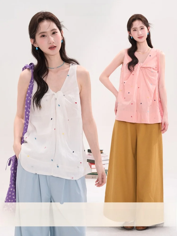 Summer Cotton Candy Linen Heart Embroidery Knot Sleeveless Vest Shirt Women's Sweet Style V-neck Loose Fit Regular Length
Summer Cotton Candy Linen Heart Embroidery Knot Sleeveless Vest Shirt Women's Sweet Style V-neck Loose Fit Regular Length