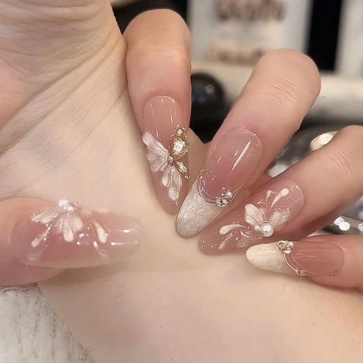 Nude Pink French Press On Nails, Long Almond Fake Nails with 3D Lace Butterfly & Pearl, Shimmer Glue On Nails, Reusable False Nails for Women, Bridal Style
Nude Pink French Press On Nails, Long Almond Fake Nails with 3D Lace Butterfly & Pearl, Shimmer Glue On Nails, Reusable False Nails for Women, Bridal Style