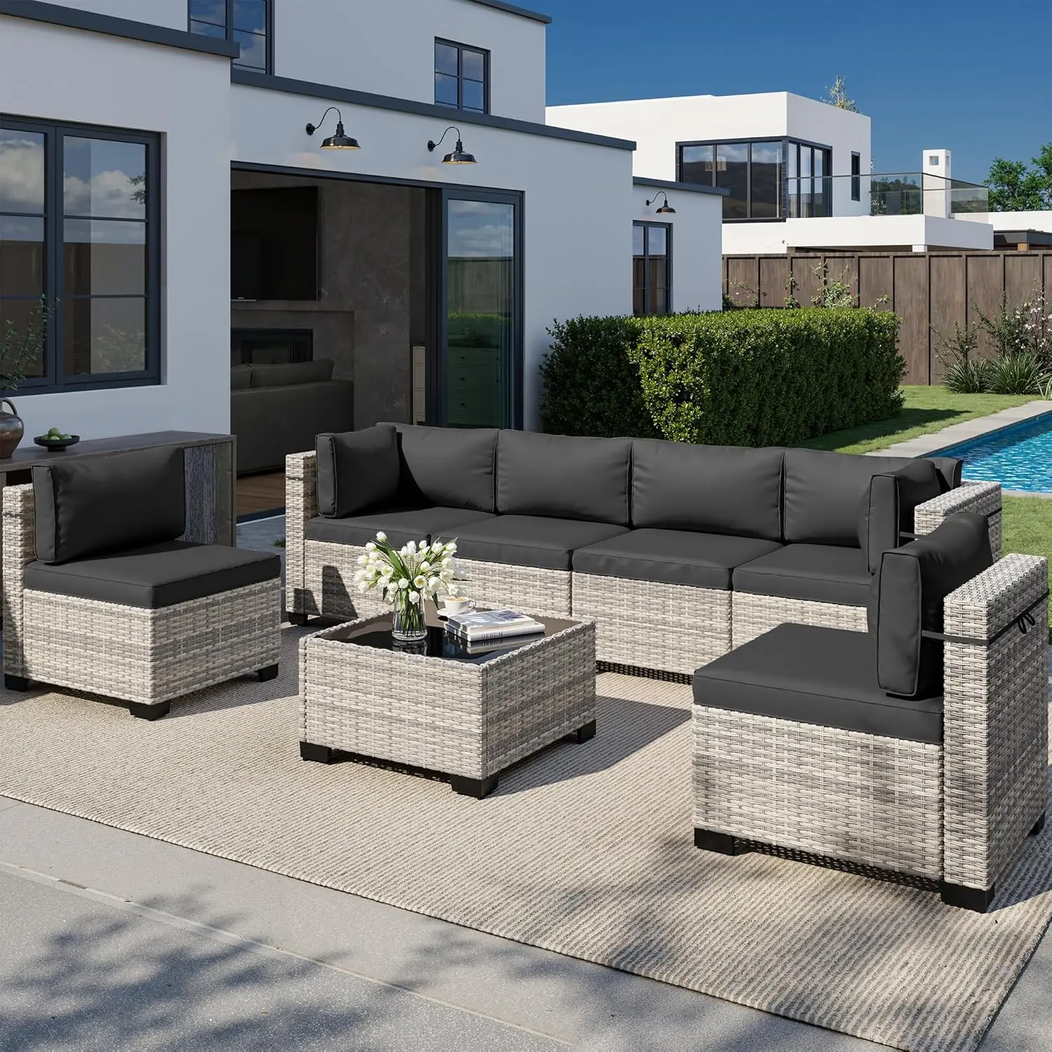 7-Piece Outdoor Patio Furniture Set, PE Wicker Rattan Sectional Sofa Conversation Set with Tempered Glass Table & Thick, Custom
7-Piece Outdoor Patio Furniture Set, PE Wicker Rattan Sectional Sofa Conversation Set with Tempered Glass Table & Thick, Custom
