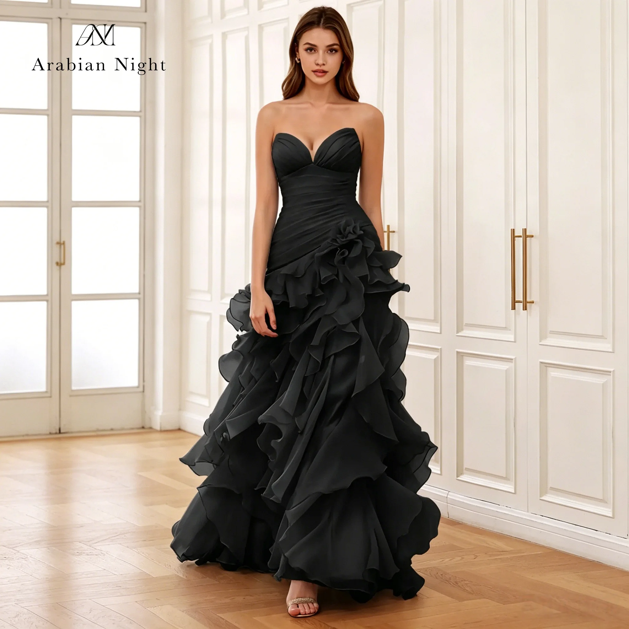 Elegant Black Chiffon Strapless Ball Gown Floor Length Formal Evening Dress with Slit Hem
Elegant Black Chiffon Strapless Ball Gown Floor Length Formal Evening Dress with Slit Hem