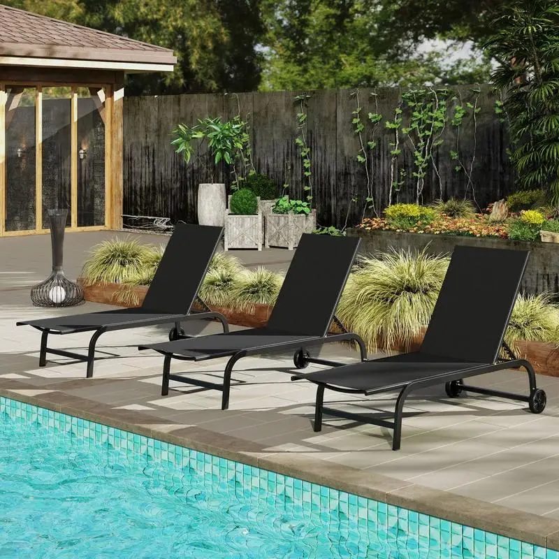 Outdoor Chaise Lounge Chair with Wheels and Metal Frame-Black
Outdoor Chaise Lounge Chair with Wheels and Metal Frame-Black