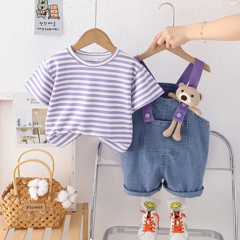 summer kid cartoon bear shoulder strap denim shorts two-piece set Child's clothing baby striped short sleeved t-shirt+overall
summer kid cartoon bear shoulder strap denim shorts two-piece set Child's clothing baby striped short sleeved t-shirt+overall