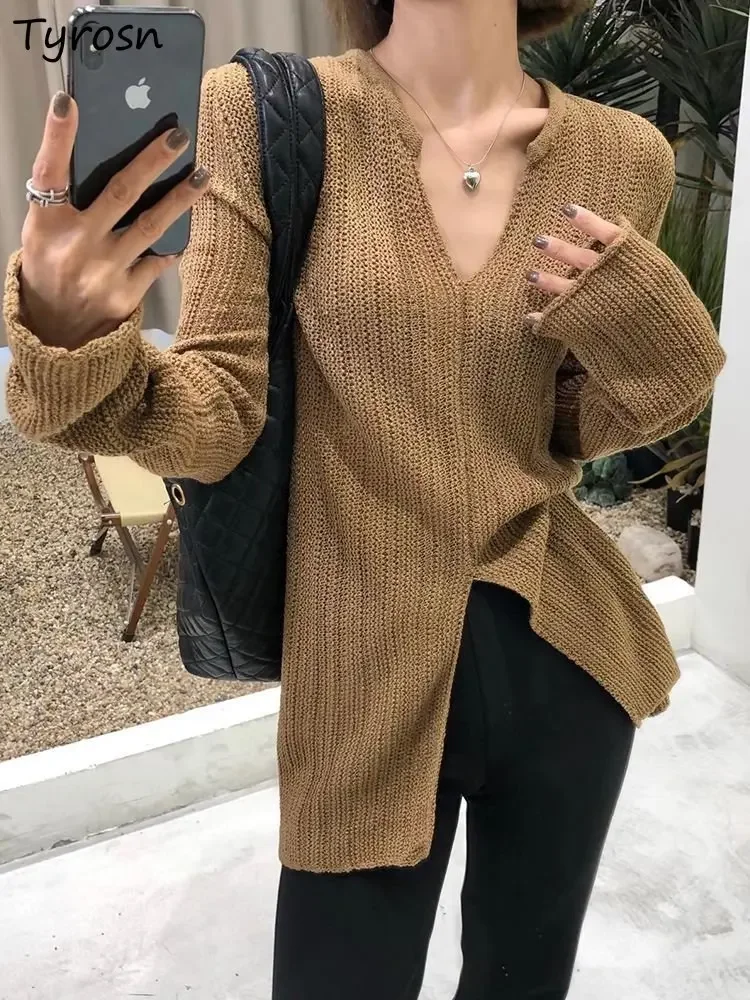 Pullovers Women Retro Loose Sexy Slit Design All-match Temperament Leisure Daily Fashion Ladies Ulzzang Knitwear Minimalist Pure 
Pullovers Women Retro Loose Sexy Slit Design All-match Temperament Leisure Daily Fashion Ladies Ulzzang Knitwear Minimalist Pure