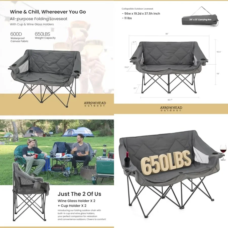 Portable Folding Double Duo Camping Chair Loveseat w/ 2 Cup Wine Glass Holder, Carrying Bag, Supports up to 500lbs
Portable Folding Double Duo Camping Chair Loveseat w/ 2 Cup Wine Glass Holder, Carrying Bag, Supports up to 500lbs