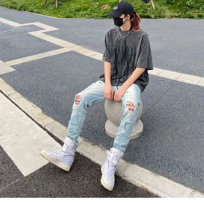 Free Shipping New Male Casual Men's Jeans Light Blue Brand High Street Ripped Color Patch Old Wash Stretch Slim Fit Jeans 589
Free Shipping New Male Casual Men's Jeans Light Blue Brand High Street Ripped Color Patch Old Wash Stretch Slim Fit Jeans 589