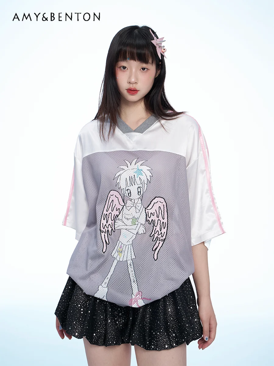 American Hot Girl Y2K Contrast Color Short Sleeve T-Shirt Goth Anime Printing Hot Diamond Lace Patch Embroidered Satin Mesh Top
American Hot Girl Y2K Contrast Color Short Sleeve T-Shirt Goth Anime Printing Hot Diamond Lace Patch Embroidered Satin Mesh Top