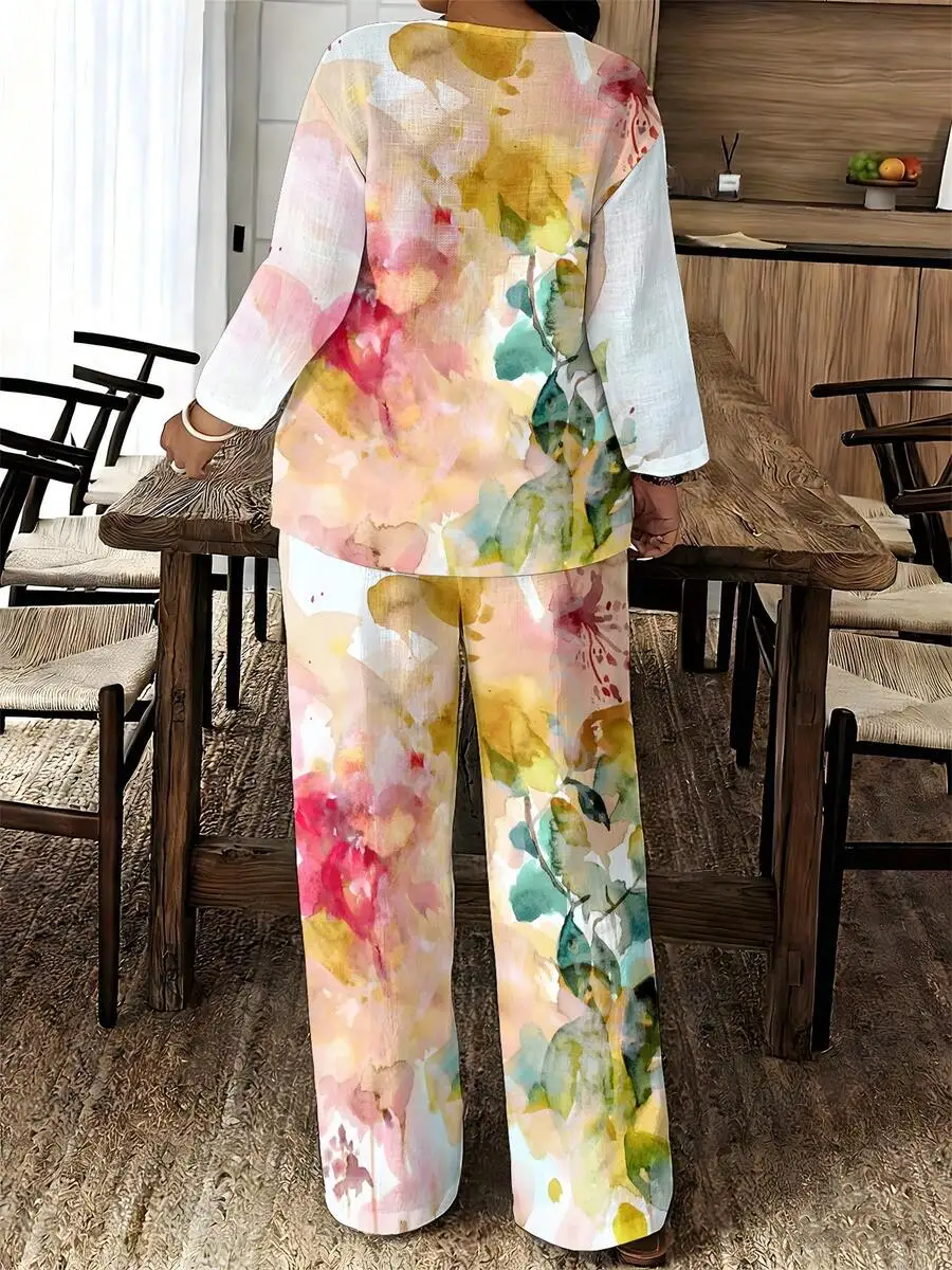 Womens Linen Floral Print Two-Piece Set Casual Loose Fit Wide Leg Pants And Top
Womens Linen Floral Print Two-Piece Set Casual Loose Fit Wide Leg Pants And Top