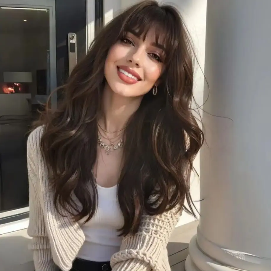 Длинные волнистые синтетические парики Шоколадно-коричневый бесклеевой парик фронта шнурка с челкой Реалистичный вид Высокотемпературные синтетические волосы
Длинные волнистые синтетические парики Шоколадно-коричневый бесклеевой парик фронта шнурка с челкой Реалистичный вид Высокотемпературные синтетические волосы