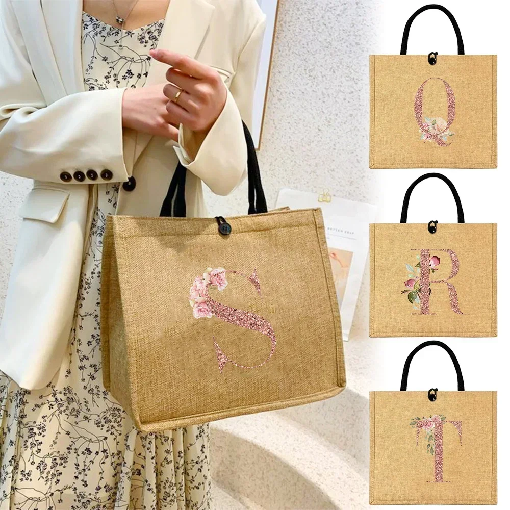 Linen Bag Button Handbag Organizer Storage Jute Tote Bags Imitation Cotton and Women Shopping Portable Rose Gold Printing Series
Linen Bag Button Handbag Organizer Storage Jute Tote Bags Imitation Cotton and Women Shopping Portable Rose Gold Printing Series