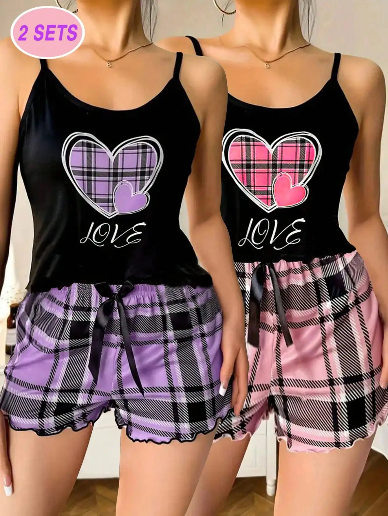 2 Sets Women's Lovely Plaid Heart & Letter Print Lettuce Frill Trim Casual Pajama Set Bow Front Round Neck Backless Cami Top
2 Sets Women's Lovely Plaid Heart & Letter Print Lettuce Frill Trim Casual Pajama Set Bow Front Round Neck Backless Cami Top